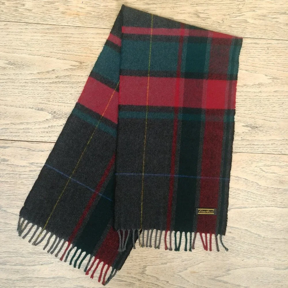 Eddie Bauer red green gray wool plaid scarf with fringe